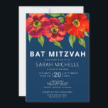 Navy Blue Bat Mitzvah Red Watercolor Floral Modern Invitation<br><div class="desc">Be proud, rejoice and showcase this milestone of your favourite Bat Mitzvah with this sophisticated, personalized invitation! A chic, stunning, red floral watercolor with modern san serif type overlays a navy blue background. Personalize the custom text with your Bat Mitzvah’s name, date, and venue information. Guaranteed to add stylish fun...</div>