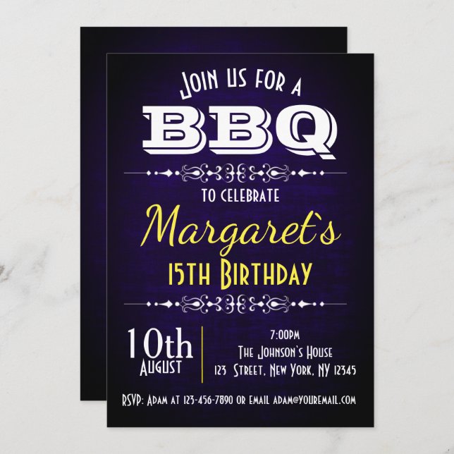 Navy Blue BBQ Birthday Party Invite (Front/Back)