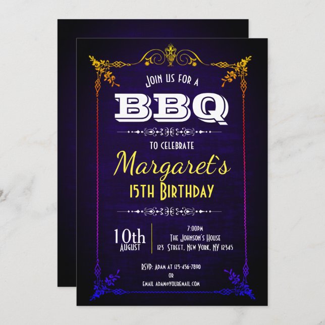 Navy Blue BBQ Birthday Party Invite (Front/Back)