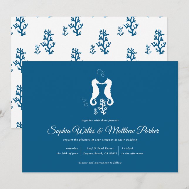 Navy Blue Beach Coral and Seahorse Wedding Invitation (Front/Back)