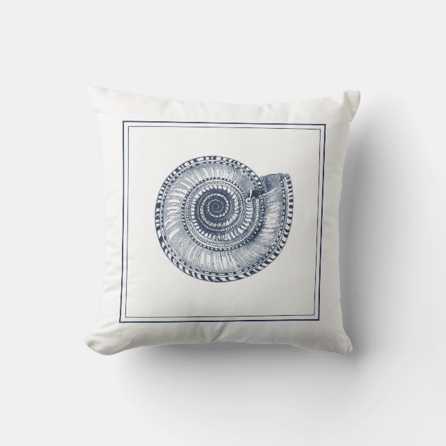 Navy Blue Beach House Traditional Shell Outdoor Pillow (Front)