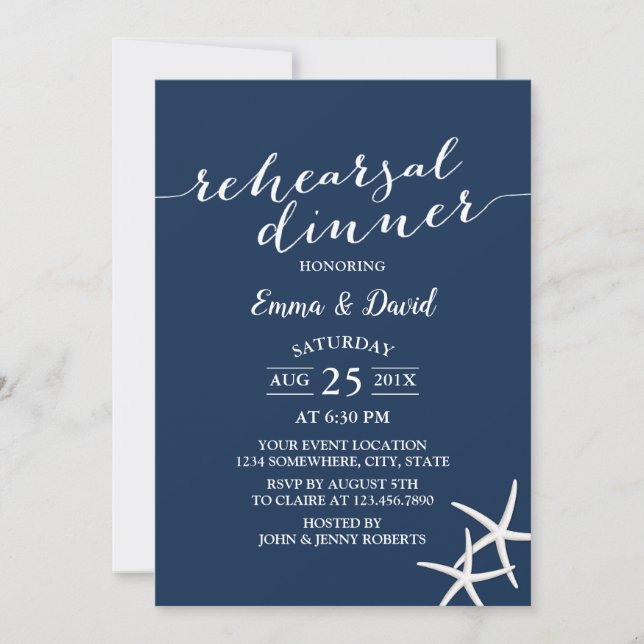 Navy Blue Beach Wedding Starfish Rehearsal Dinner Invitation (Front)