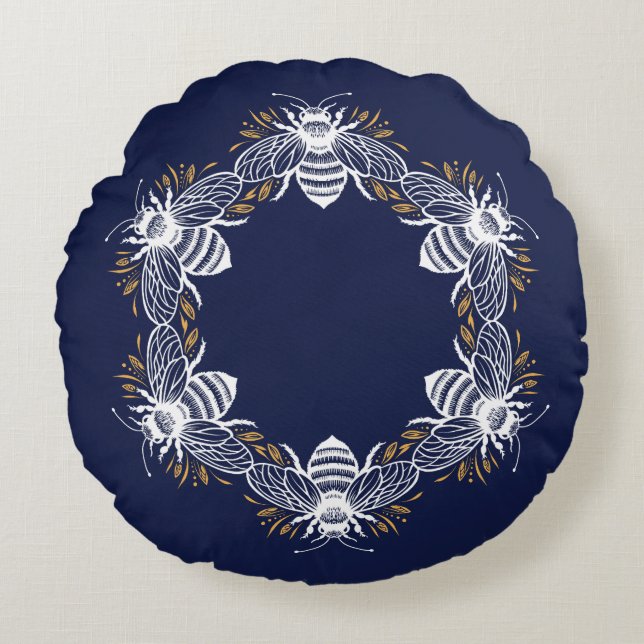 Navy Blue Bee Circle Round Pillow (Front)