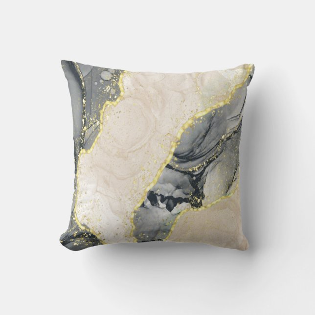 Navy Blue Beige Grey Gold Glitter Alcohol Ink Throw Pillow (Front)