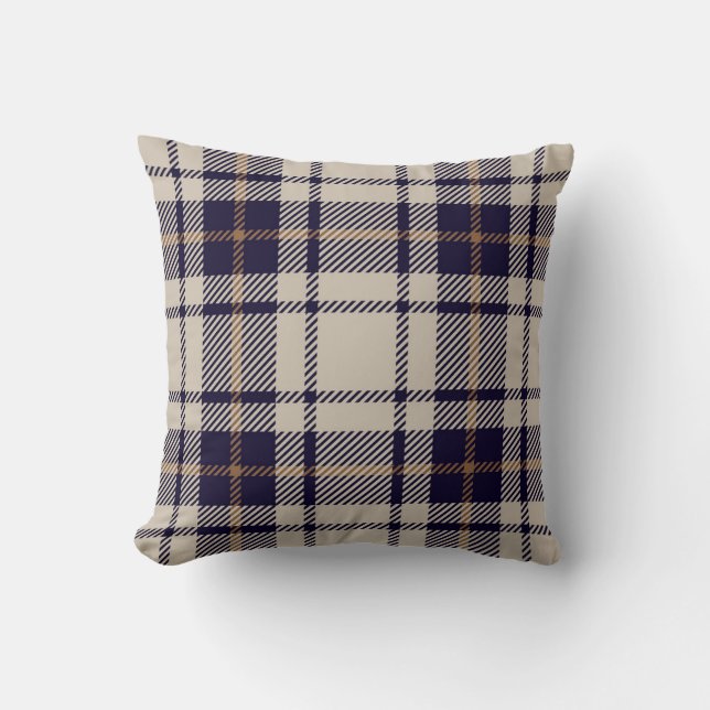 Navy Blue Beige Scottish Tartan Plaid Pattern Throw Pillow (Front)