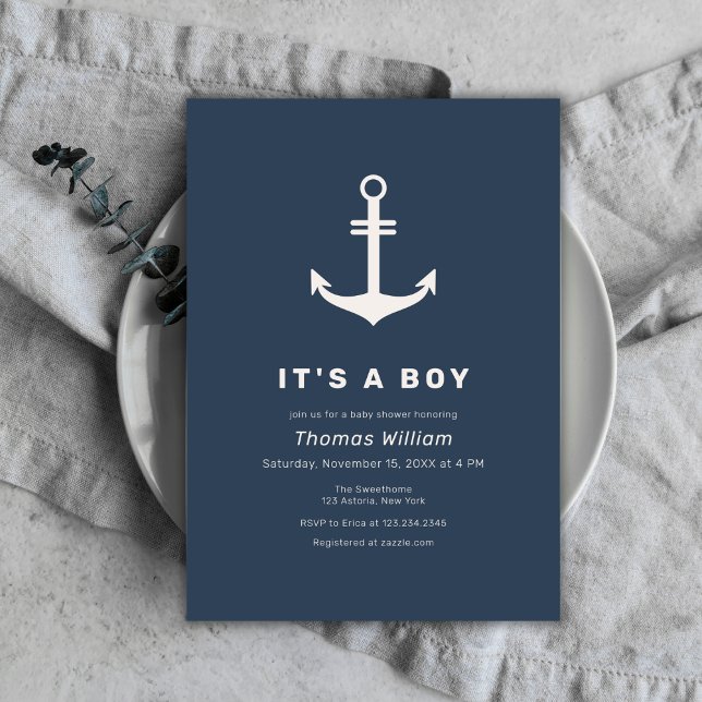 Navy Blue Beige Simple Nautical Anchor Baby Shower Invitation (Navy Blue Beige Simple Nautical Anchor Baby Shower Invitation)