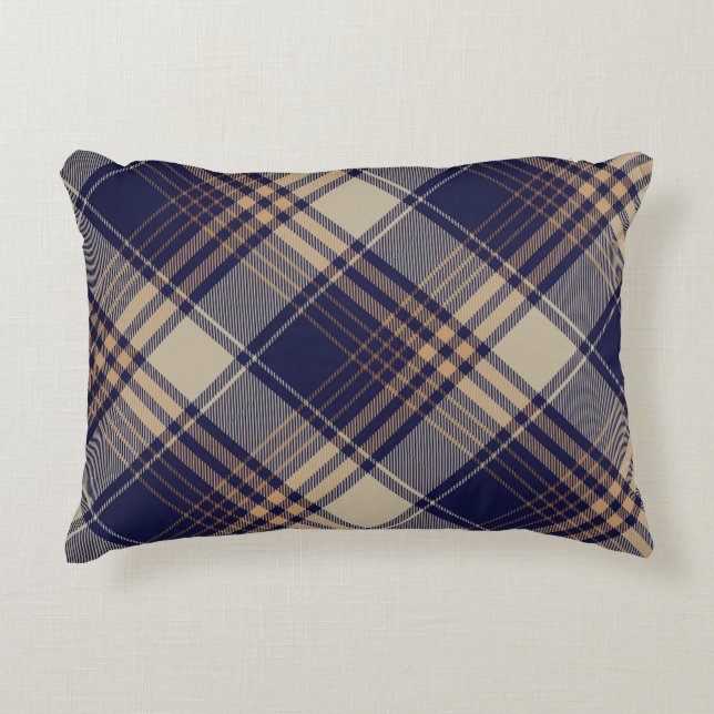 Navy Blue Beige Tartan Plaid Argyle Pattern Accent Pillow (Front)