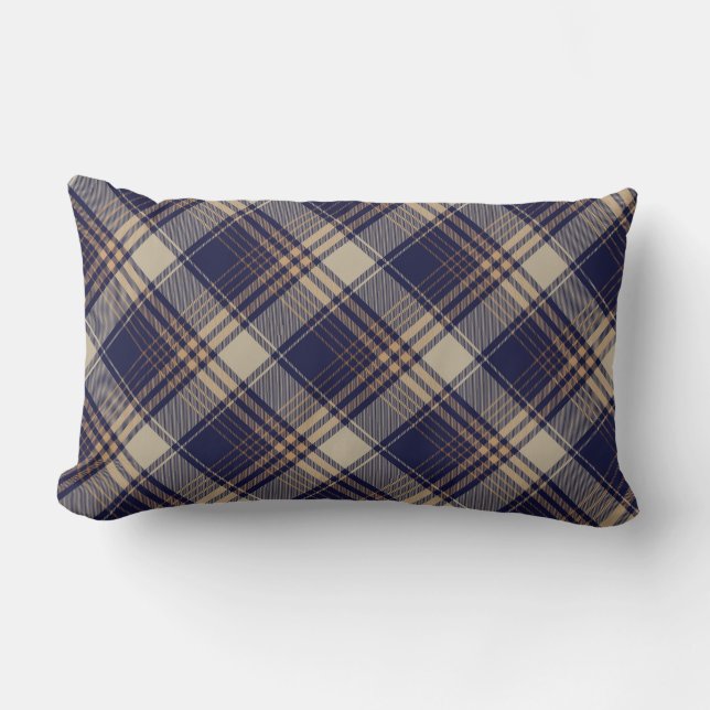 Navy Blue Beige Tartan Plaid Argyle Pattern  Lumbar Pillow (Front)