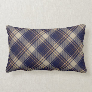 Navy Blue Beige Tartan Plaid Argyle Pattern  Lumbar Pillow