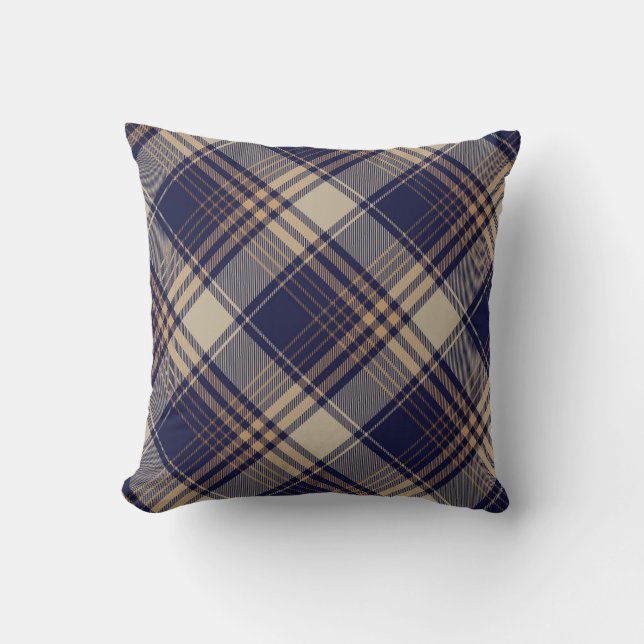Navy Blue Beige Tartan Plaid Argyle Pattern Throw Pillow (Front)