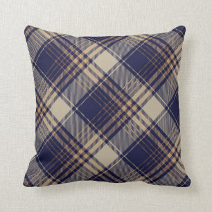 Navy Blue Beige Tartan Plaid Argyle Pattern Throw Pillow