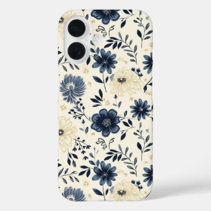 Navy Blue Beige Vintage Folk Art Flowers iPhone 16 Case