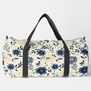 Navy Blue Beige Vintage Folk Art Flowers Duffle Bag