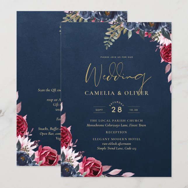 Navy Blue Berry Floral Burgundy Winter Fall Invitation (Front/Back)