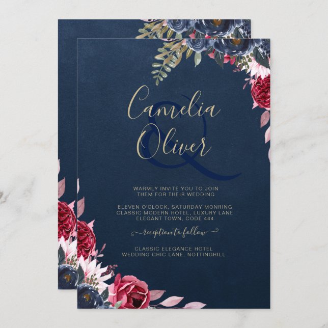 Navy Blue Berry Floral Burgundy Winter Fall Invitation (Front/Back)