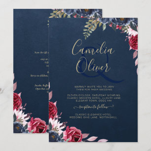 Navy Blue Berry Floral Burgundy Winter Fall Invitation