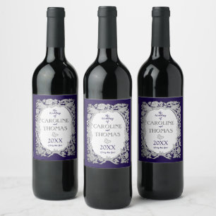 Navy Blue Bird Floral Ornate Drawing Wedding Wine Label