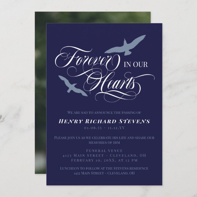 Navy Blue Birds Forever In Our Hearts Funeral Invitation (Front/Back)