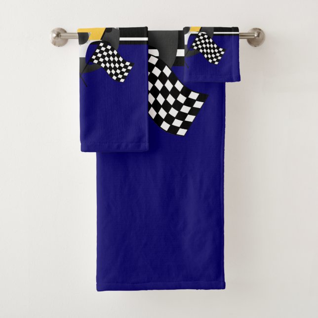 Navy Blue, Black and White Chequered Racing 🏎  Bath Towel Set (Insitu)