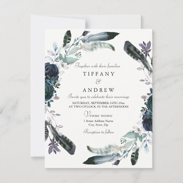 Navy Blue Black Floral Wreath Wedding Invitation (Front)