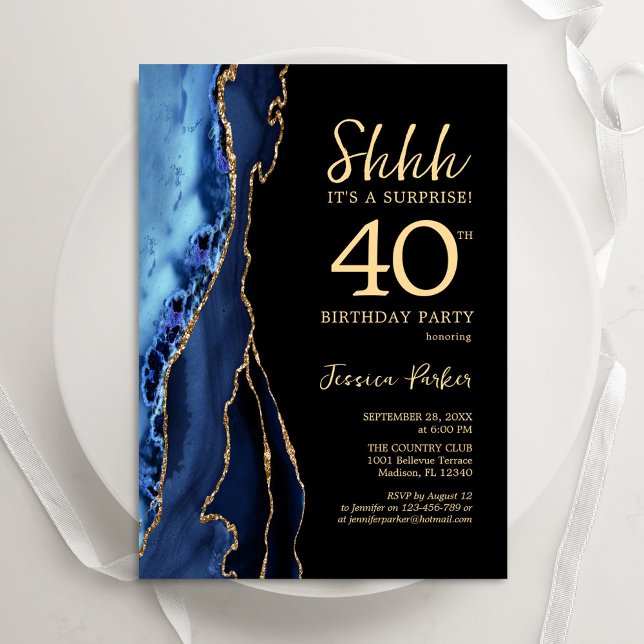 Navy Blue Black Gold Agate Surprise 40th Birthday Invitation (Creator Uploaded)