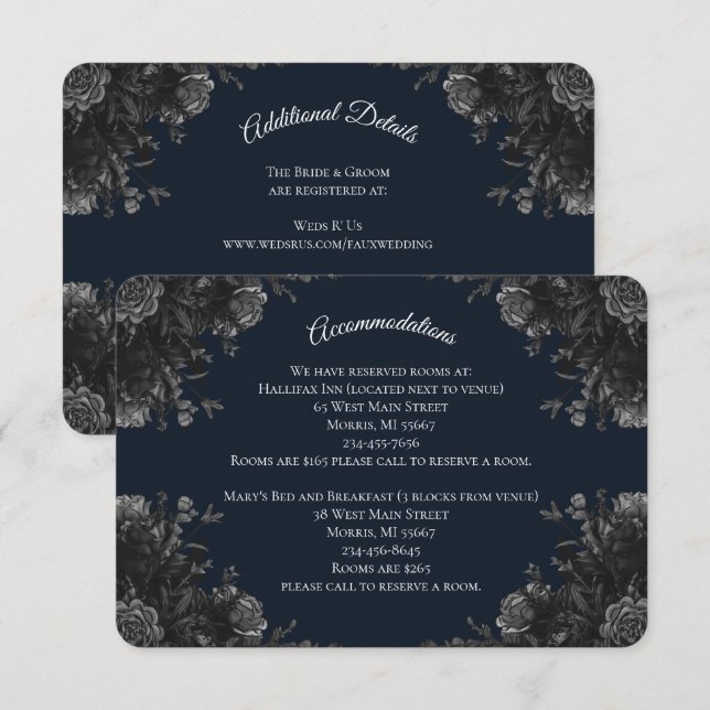 Navy Blue Black Grey Gothic Wedding RSVP Reply Enclosure Card (Front/Back)
