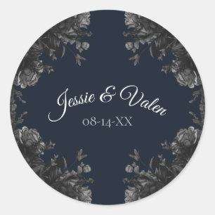Navy Blue Black Grey Roses Gothic Wedding Classic Round Sticker