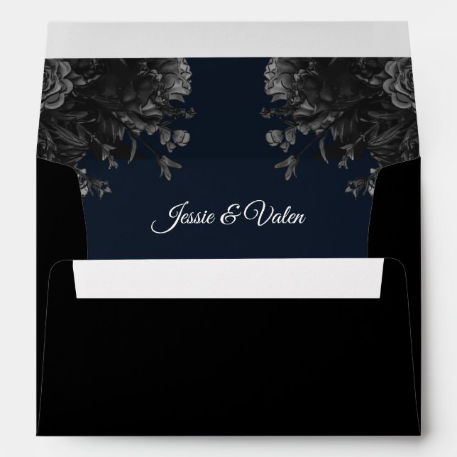 Navy Blue Black Grey Roses Gothic Wedding Envelope (Back (Bottom))