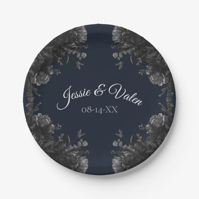 Navy Blue Black Grey Roses Gothic Wedding Paper Plate (Front)