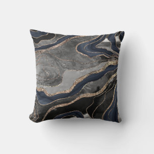 Navy Blue Black Marble Agate Gold Glitter Glam #1  Throw Pillow