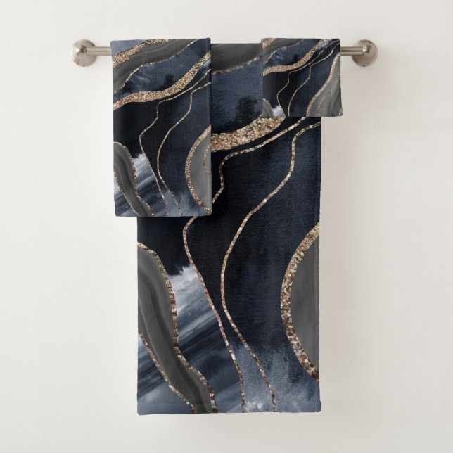 Navy Blue Black Marble Agate Gold Glitter Glam #2  Bath Towel Set (Insitu)