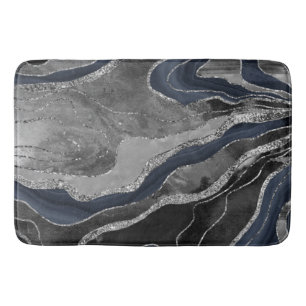 Navy Blue Black Marble Agate Silver Glitter Glam 2 Bath Mat