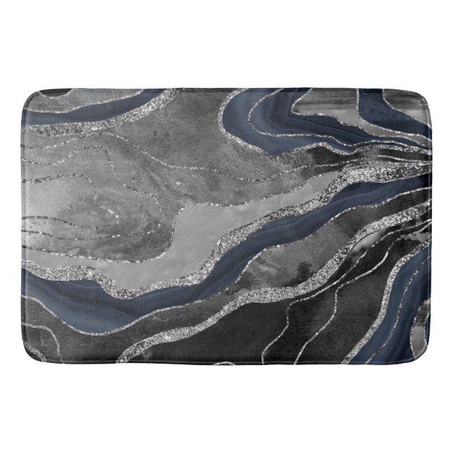 Navy Blue Black Marble Agate Silver Glitter Glam 2 Bath Mat (Front)