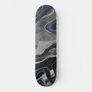 Navy Blue Black Marble Agate Silver Glitter Glam 2 Skateboard