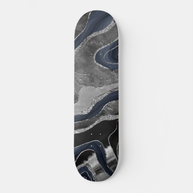 Navy Blue Black Marble Agate Silver Glitter Glam 2 Skateboard (Front)