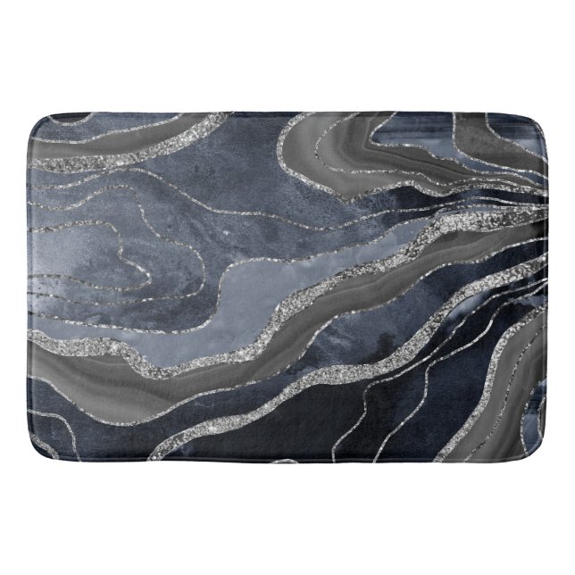 Navy Blue Black Marble Agate Silver Glitter Glam  Bath Mat (Front)