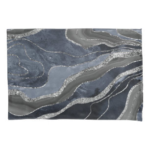 Navy Blue Black Marble Agate Silver Glitter Glam Pillowcase