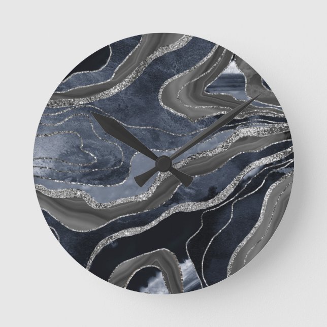 Navy Blue Black Marble Agate Silver Glitter Glam  Round Clock (Front)