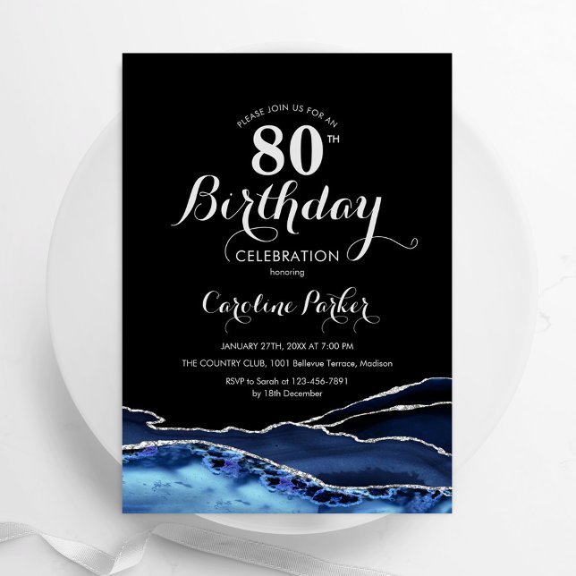 Navy Blue Black Silver Agate 80th Birthday Invitation (Creator Uploaded)