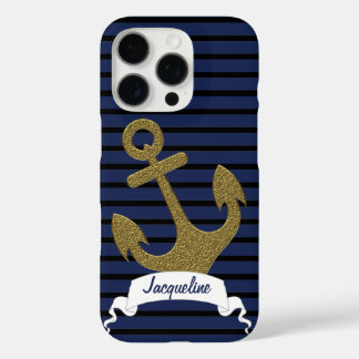 Navy Blue Black Stripes Gold Anchor Ribbon Name iPhone 16 Pro Case