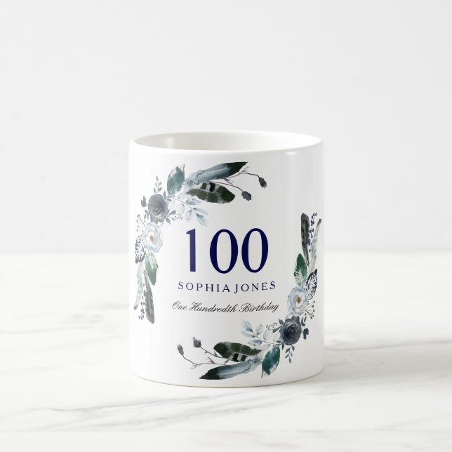 Navy Blue Black White Floral 100th Birthday Gift Coffee Mug (Center)