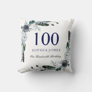 Navy Blue Black White Floral 100th Birthday Gift Throw Pillow