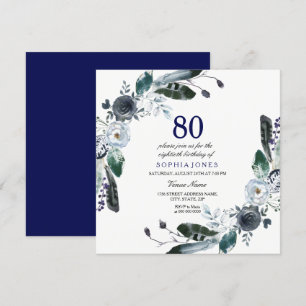 Navy Blue Black White Floral 80th Birthday Invite