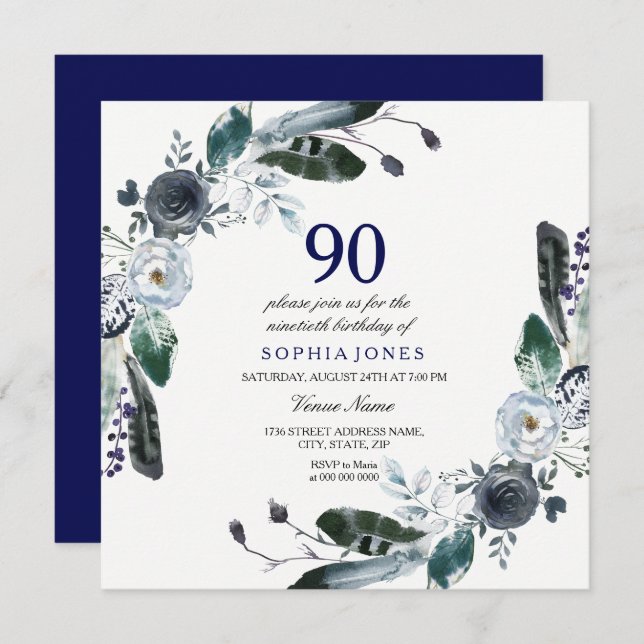 Navy Blue Black White Floral 90th Birthday Invite (Front/Back)