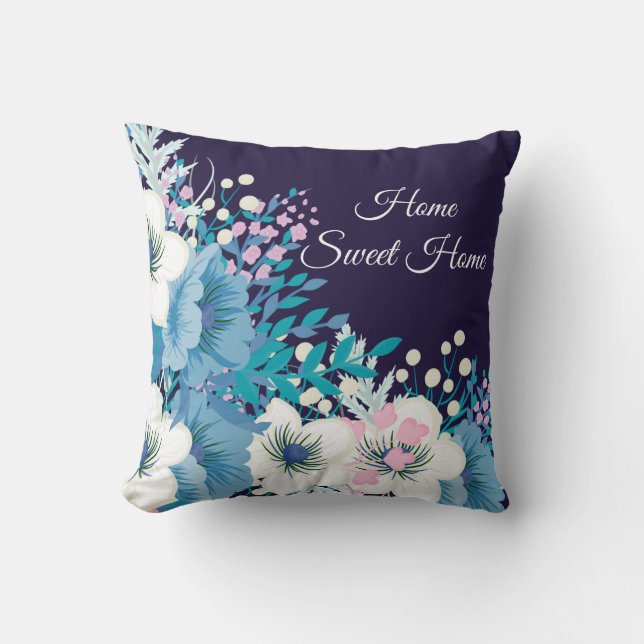 Navy Blue Blossoms Floral Throw Pillow (Front)