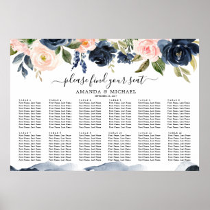 Navy Blue Blue Blush Pink Botanical Seating Chart