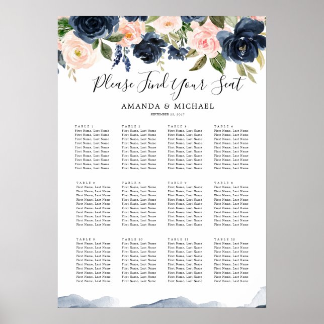 Navy Blue Blue Blush Pink Botanical Seating Chart (Front)