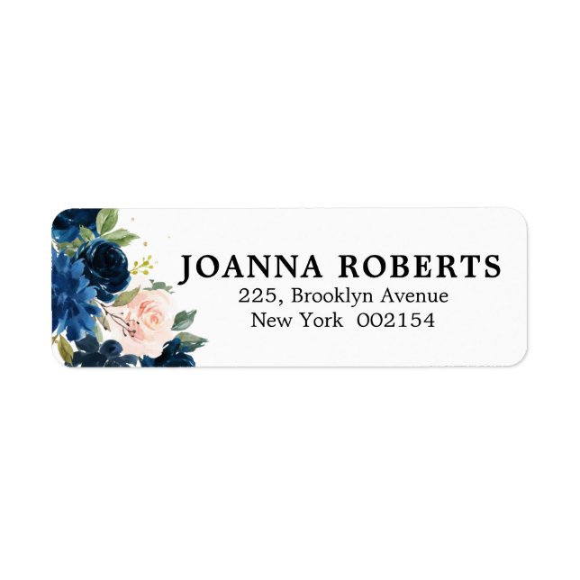 Navy Blue Blue Blush Pink Rose Botanical Address (Front)