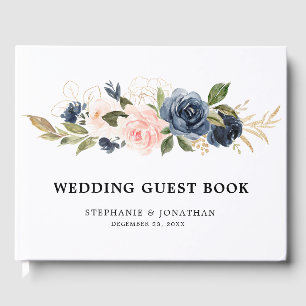 Navy Blue Blue Blush Pink Rose Botanical Guest Book