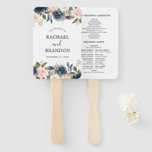 Navy Blue Blue Blush Pink Rose Botanical Hand Fan